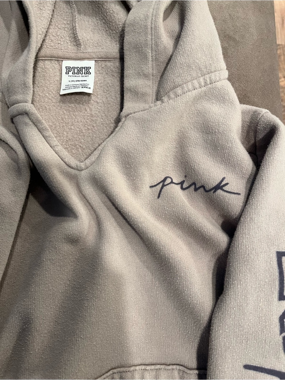 PINK Victoria's Secret Beige Drawstring Hoodie with Sleeve Logo - Picture 3 of 6